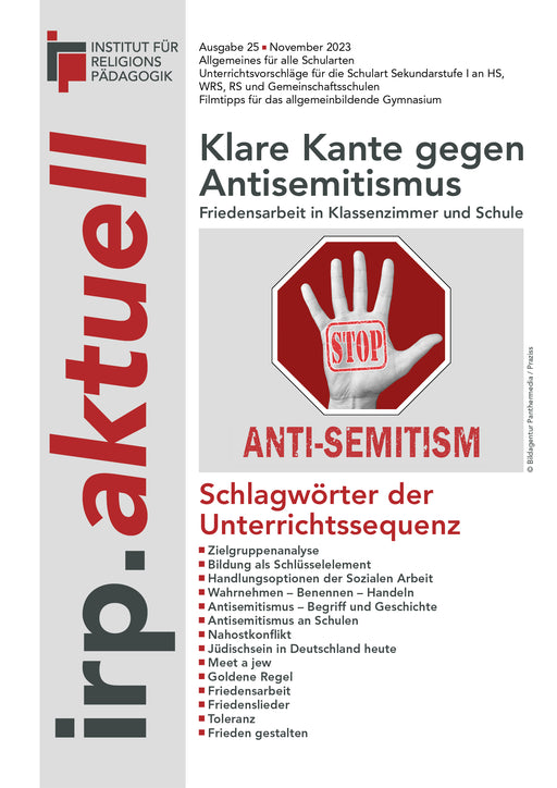 Titelblatt der Ausgabe 25 November 2023 der Zeitschrift irp.aktuell mit dem Thema Klare Kante gegen Antisemitismus und einer roten Hand vor einem Stoppschild mit dem Schriftzug STOP ANTI-SEMITISMUS