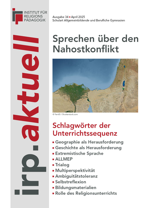 Titelseite einer Zeitschrift mit der Überschrift 'Sprechen über den Nahostkonflikt' und einer Landkarte des Nahen Ostens
