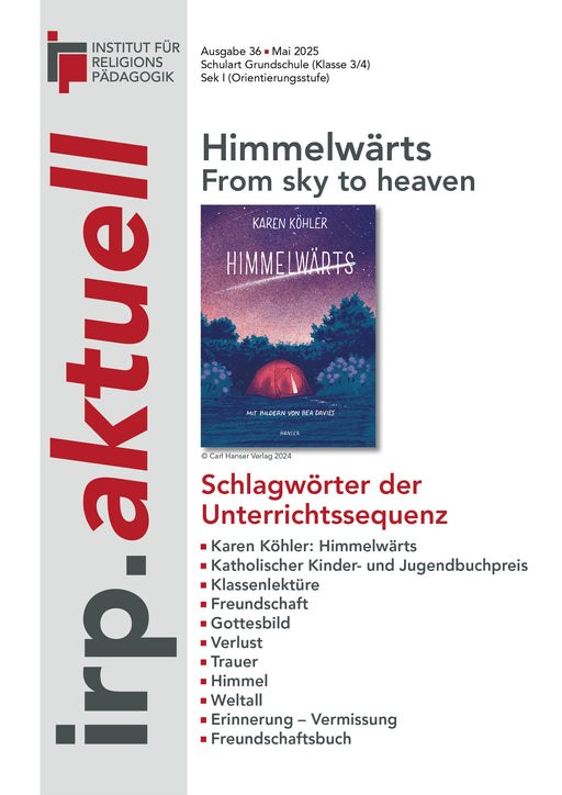 Titelseite der Zeitschrift irp.aktuell mit dem Buchcover von 'Himmelwärts' von Karen Köhler und einer Liste von Schlagwörtern zur Unterrichtssequenz.